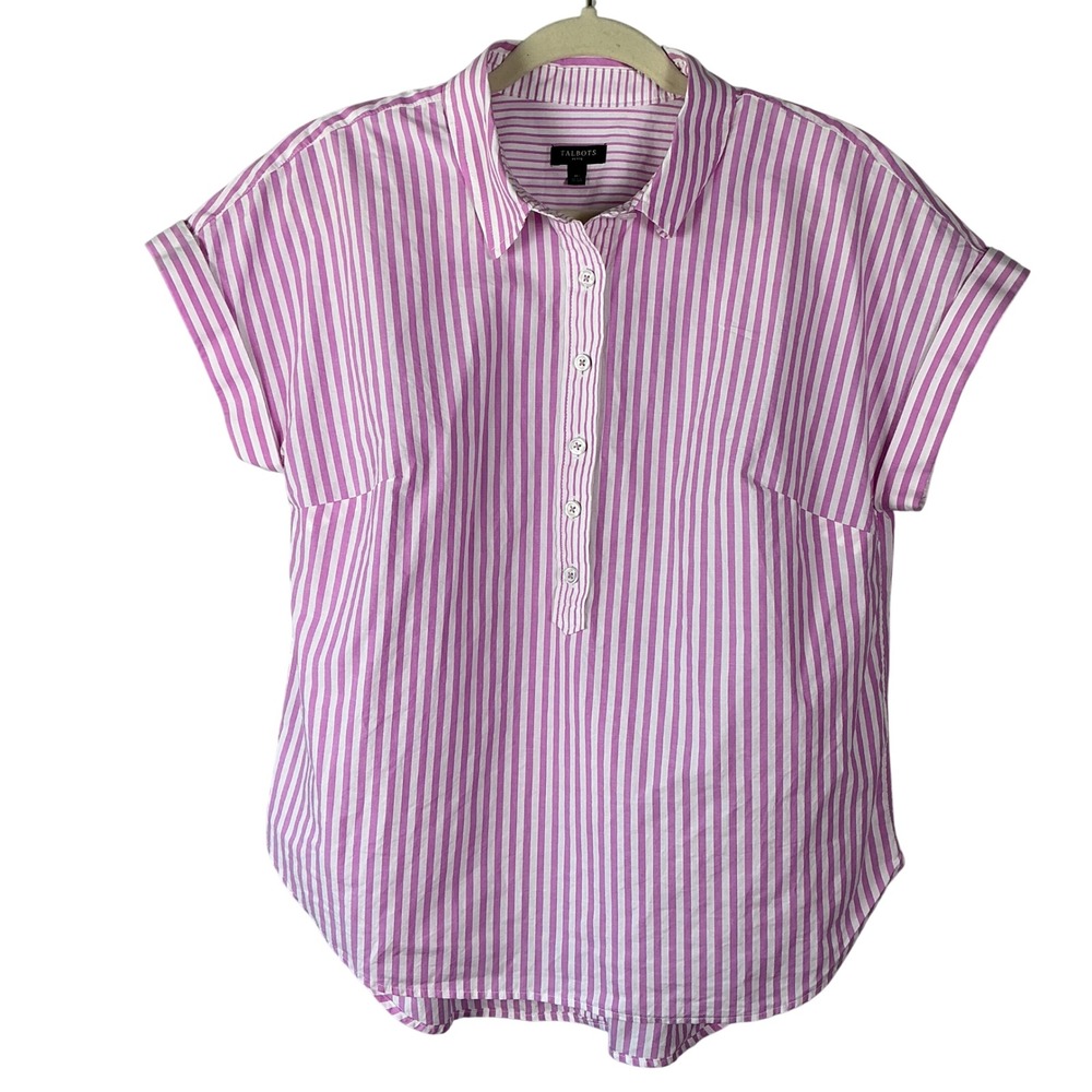 Talbots Petite Purple White Striped Button Back Cap Sleeve Tunic Blouse MP